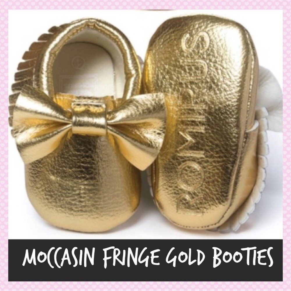 NWT, Moccasin Fringe Baby Booties in Gold